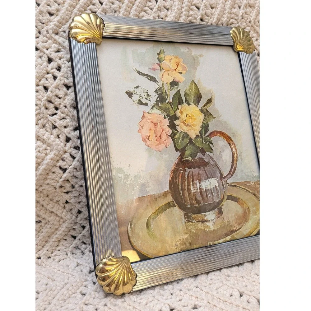Vintage Silver Ribbed Picture Frame Gold Shell Corners Coastal Regency 8x10